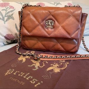 NWT Pratesi Firenze Quilted Chain Satchel Shoulder Bag Italian Leather Brown Tan